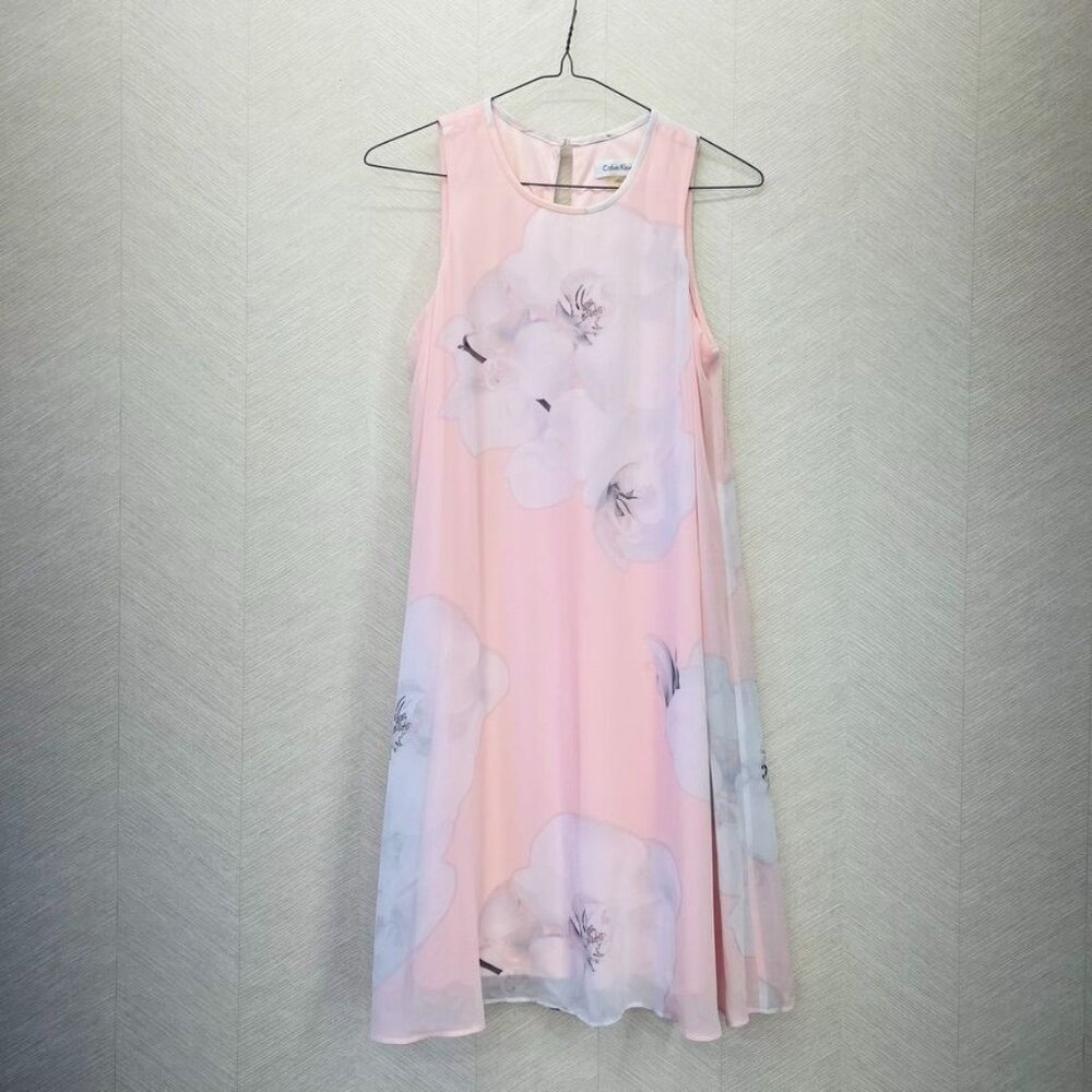 Calvin Klein Pink Floral Print Sleeveless Feminine Lined Chiffon Work Dress Size